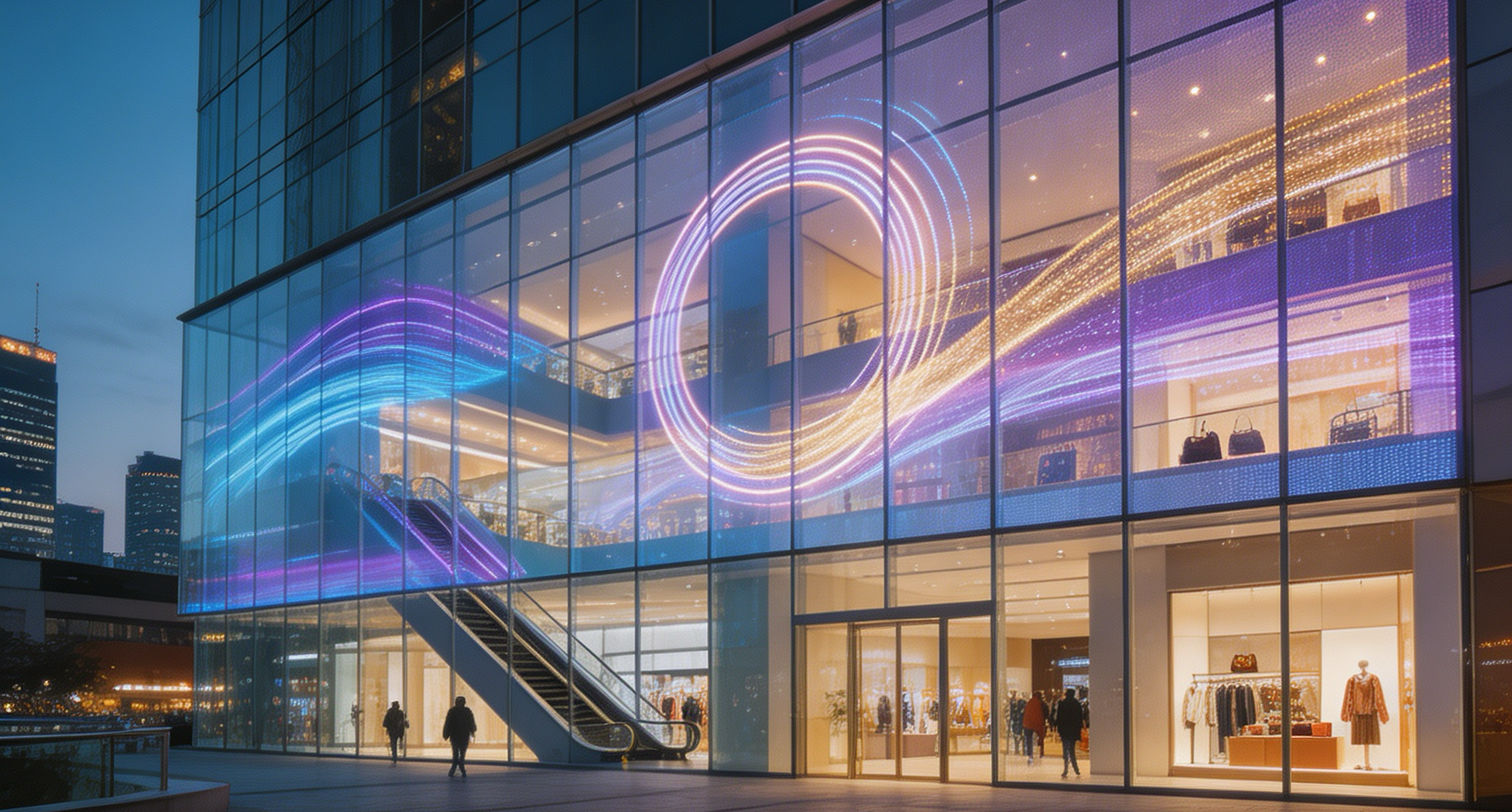 Modern technology concept image showing digital transformation elements with abstract geometric shapes and light effects