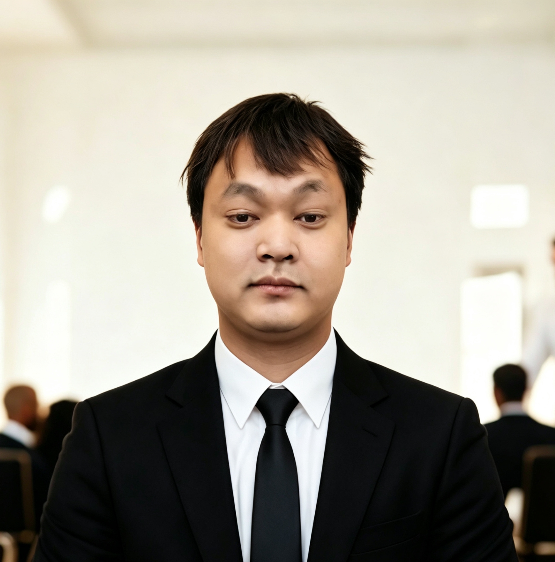 Forty year old male executive in dark suit and tie, professional headshot with confident expression and corporate background